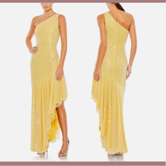 NWT $598 Mac Duggal [ 6 ] Pearl One Shoulder Asymmetrical Hem‎ Dress Yellow - Picture 2 of 15